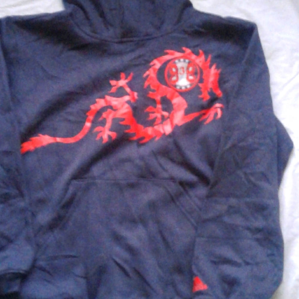 Men's med. Adidas black hoodie with red dragon 88 on it.